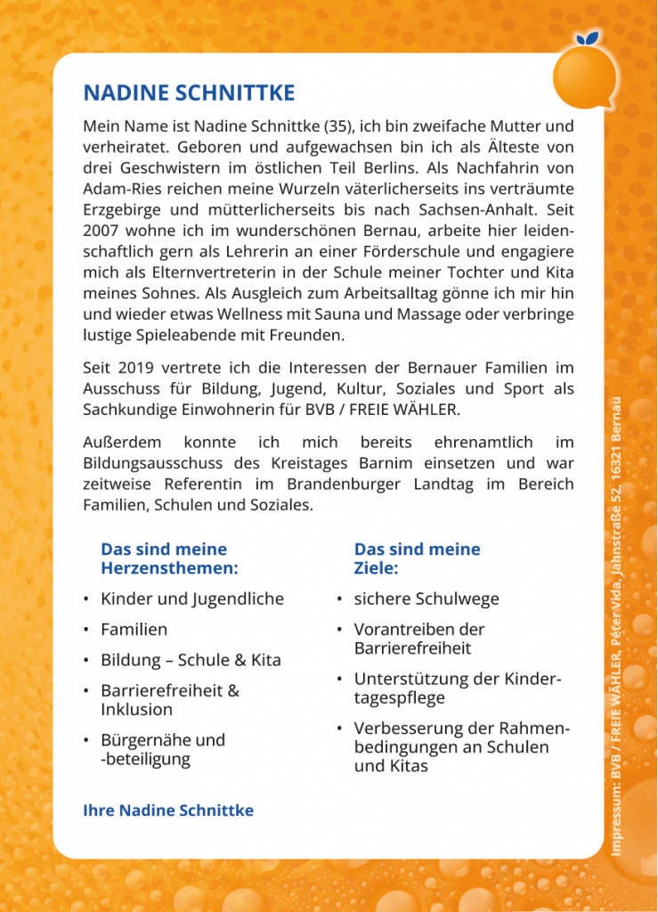 Wahlplakat Nadine Schnittke Kurzvorstellung